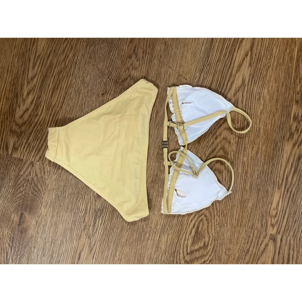 Bikini Set Girls Size 140 Tan Brown Olive White Color block Triangle SHEIN